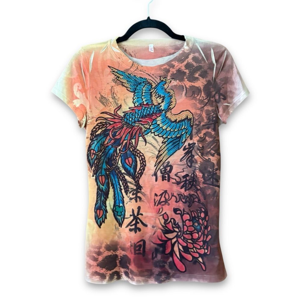Love T Embellished Short Sleeve Shirt Y2K Asian Inspired Size Large